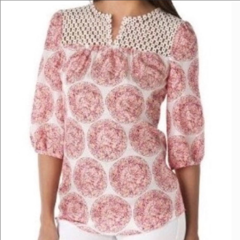Calypso St Barth Silk Blouse Pink Cream Crochet 3/4 Sleeve Split Neck Tunic L